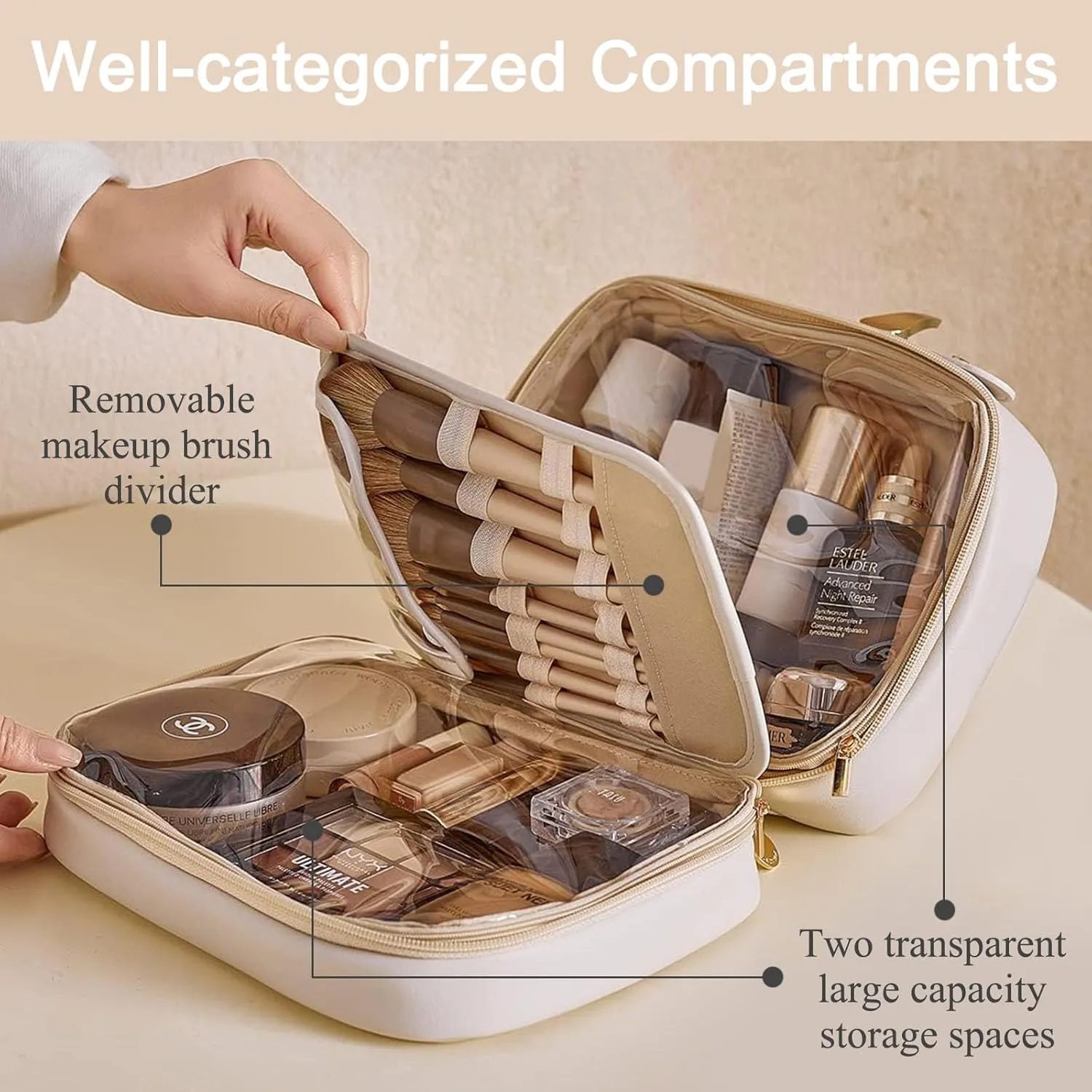 Travel Makeup Bag Large Capacity Cosmetic Bag for Women Portable Waterproof PU Leather Organizer Bag Double Sided with Brush Compartments, White