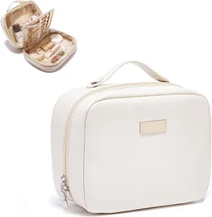 Travel Makeup Bag Large Capacity Cosmetic Bag for Women Portable Waterproof PU Leather Organizer Bag Double Sided with Brush Compartments, White