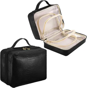 Travel Makeup Bag - Large Capacity Cosmetic Bag with Makeup Brush Bag, Leather Makeup Travel Case Open Flat Makeup Case, Cute Makeup Organizer Bag for Women Girls, Black