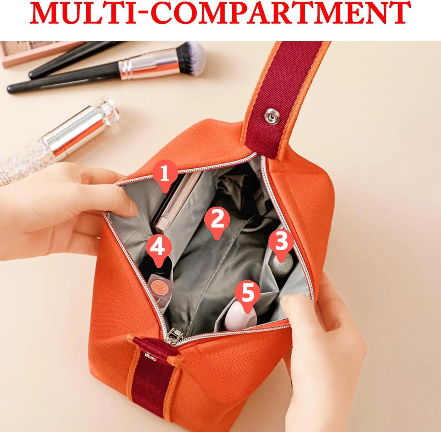 Travel Makeup Bag, Waterproof Canvas Cosmetic Bag Make Up Organizer Case for Women, Large Toiletry Bag Skincare Pouch for Toiletries Accessories Brushes
