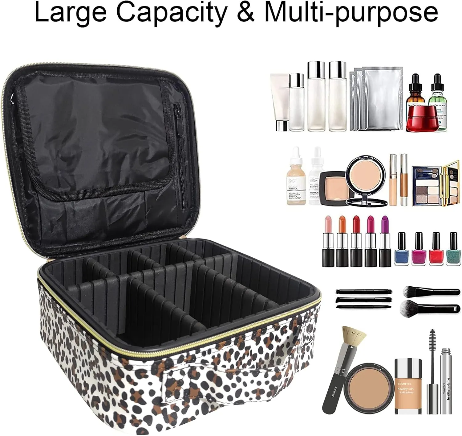 Travel Makeup Bag with Adjustable Dividers, Cosmetic Train Storage Case Organizer for Professional Cosmetic Brushes