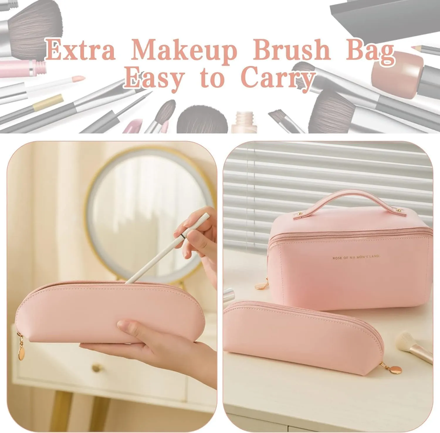 Travel Makeup Bag,Large Cosmetic Bag, travel cosmetic bags for women,Waterproof Portable Pouch Open Flat Toiletry Make up Bag Organizer with Divider and Handle and Extra Pouch (Pink)