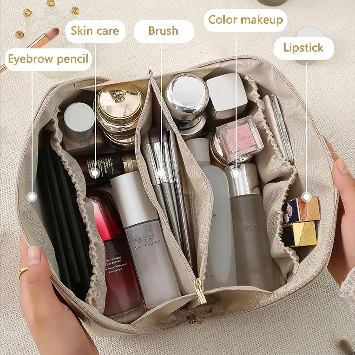 Travel Makeup Bag,Large Cosmetic Bag, travel cosmetic bags for women,Waterproof Portable Pouch Open Flat Toiletry Make up Bag Organizer with Divider and Handle and Extra Pouch (Pink)