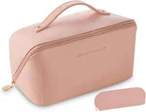 Travel Makeup Bag,Large Cosmetic Bag, travel cosmetic bags for women,Waterproof Portable Pouch Open Flat Toiletry Make up Bag Organizer with Divider and Handle and Extra Pouch (Pink)