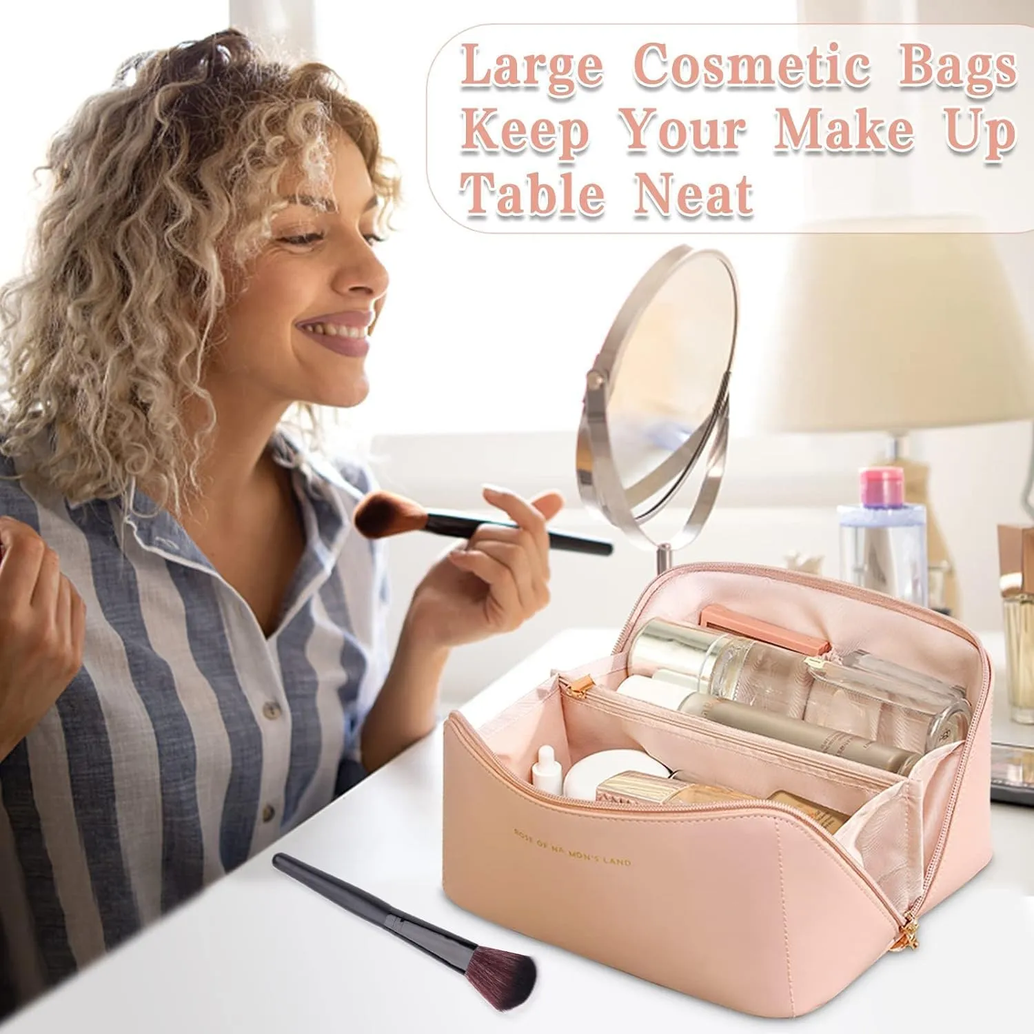 Travel Makeup Bag,Large Cosmetic Bag, travel cosmetic bags for women,Waterproof Portable Pouch Open Flat Toiletry Make up Bag Organizer with Divider and Handle and Extra Pouch (Pink)