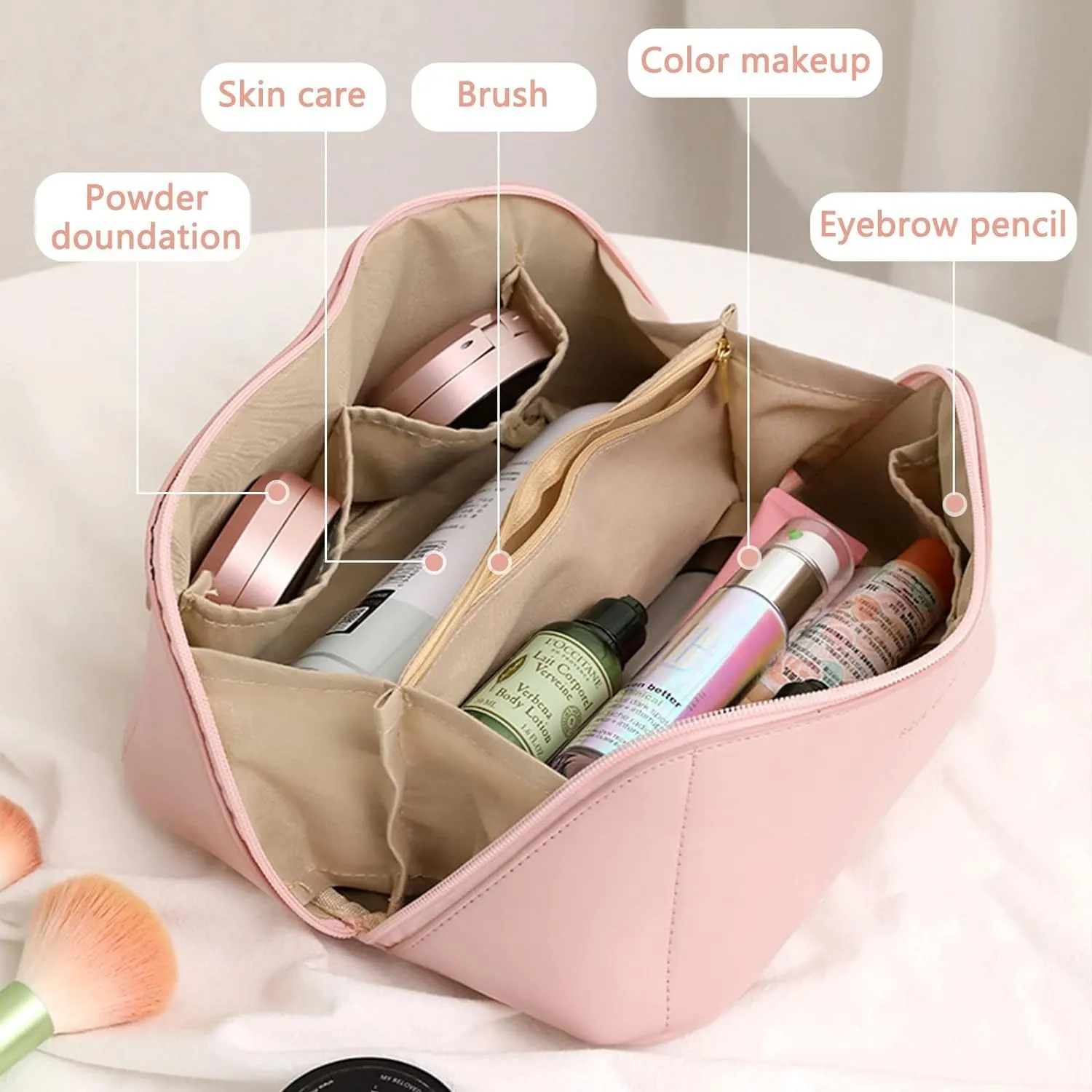 Travel Makeup Bag,Large Cosmetic Bag, travel cosmetic bags for women,Waterproof Portable Pouch Open Flat Toiletry Make up Bag Organizer with Divider and Handle and Extra Pouch (Pink)