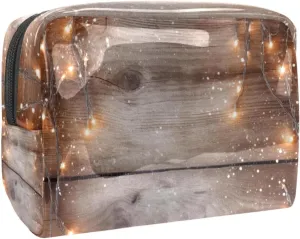 Travel Makeup Bag,Travel Toiletry Bag for Women,Christmas Lights Decoration Wood Planks,Cosmetic Travel Bag