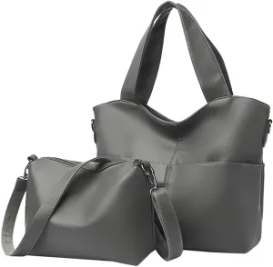 Trendy 2Pcs Tote Bag Women PU Leather 2025 Large Shoulder Crossbosy Bags Satchel Purses Casual Top Handle Handbags