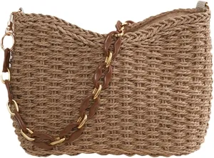 Trendy Straw Chain Purse for Women Woven Causal Underarm Purse Summer Shoulder Bag for Beach Travel Sling Hobo Handbag