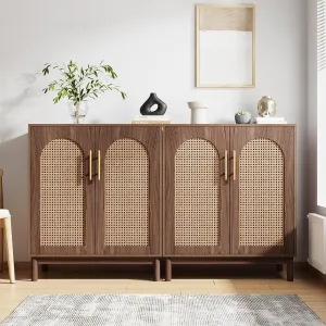 Tribesigns Set of 2 Rattan Sideboard Buffet Cabinet with Storage, 59 Inch Accent Cabinet for Dining Room, Living Room, Kitchen, Rattan and Dark Brown