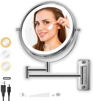Type-C Rechargeable Wall Mounted Makeup Mirror with Lights & Extendable Arm, 1X/10X Wall Magnifying Mirror with 3 Light Modes, 360° Swivel Dimmable Lighted Vanity Cosmetic Mirror,8Inch,Chrome