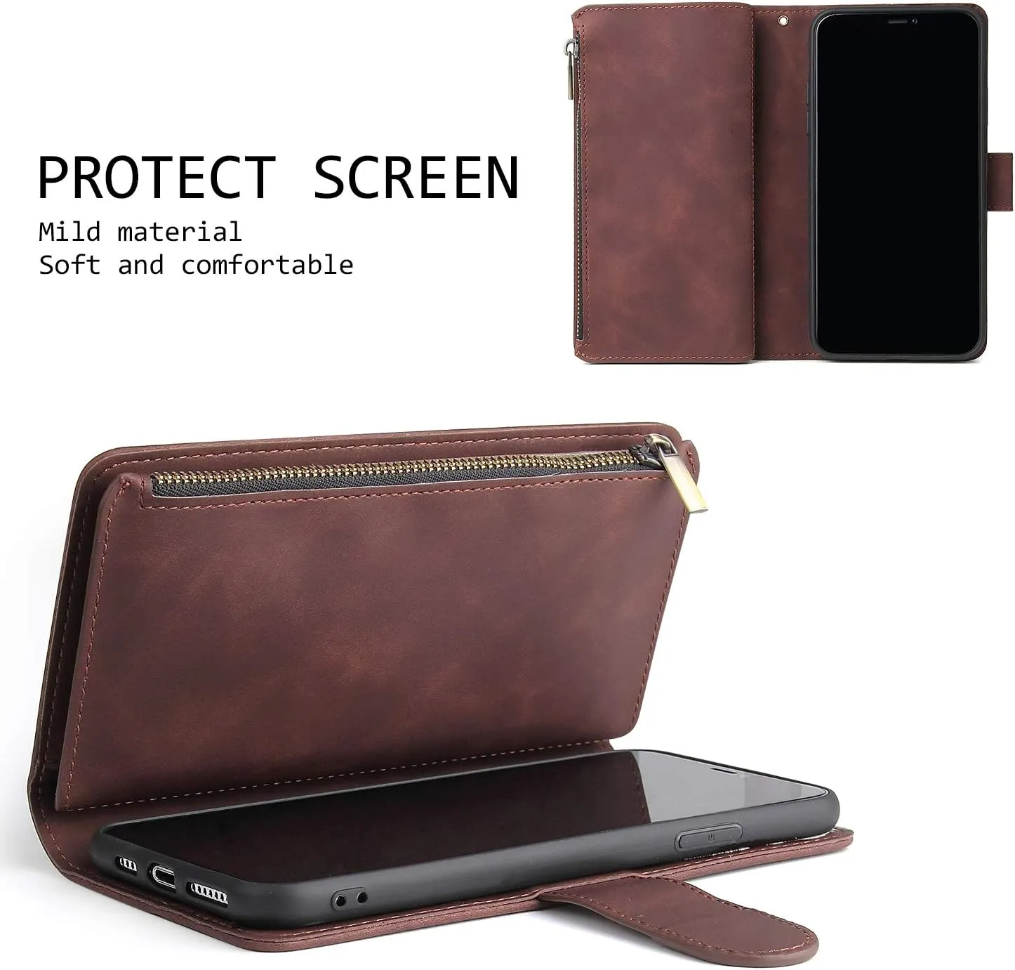 UEEBAI Wallet Case for Samsung Galaxy S9, PU Leather Wallet Magnetic Closure Handbag Zipper Pocket Kickstand Card Slots with Hand Strap Vintage Flip Case for Women - Coffee