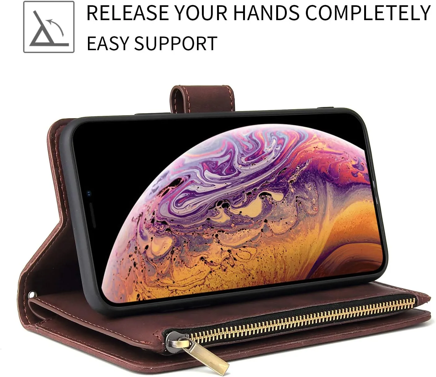 UEEBAI Wallet Case for Samsung Galaxy S9, PU Leather Wallet Magnetic Closure Handbag Zipper Pocket Kickstand Card Slots with Hand Strap Vintage Flip Case for Women - Coffee
