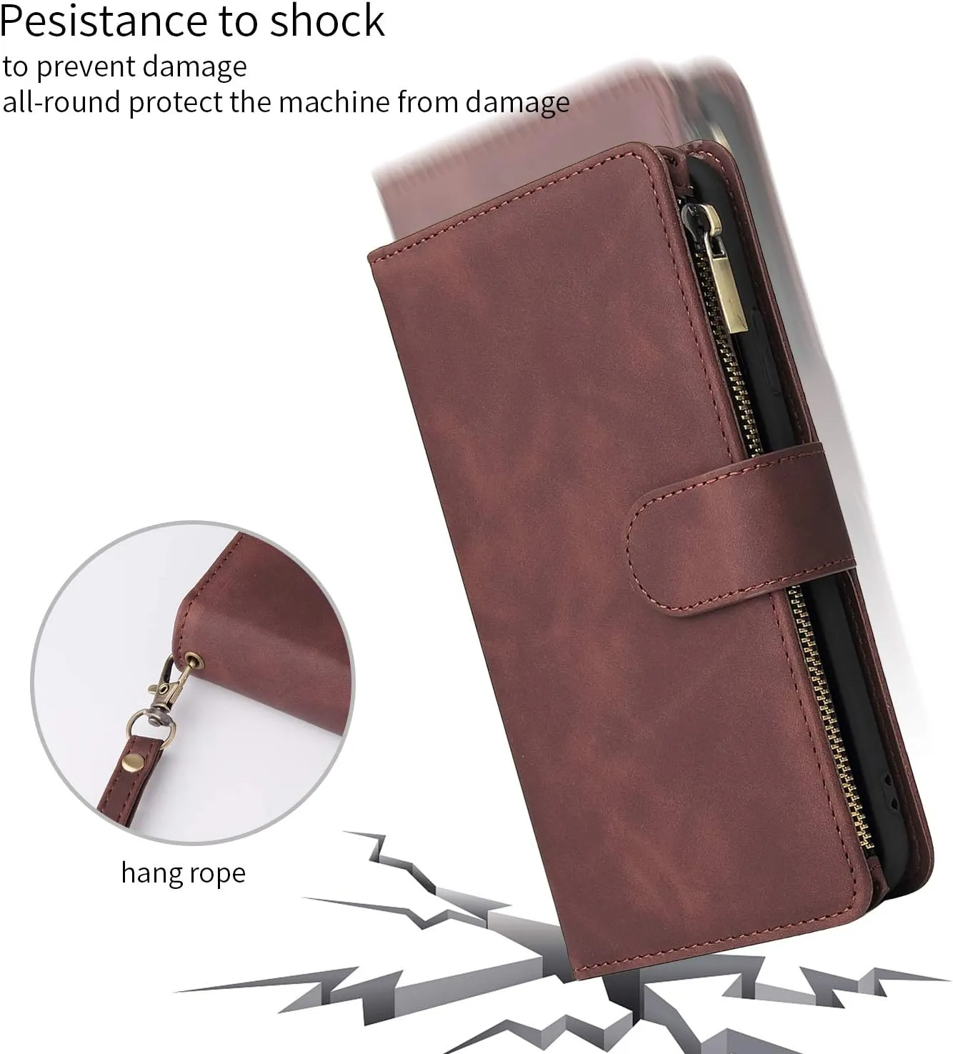 UEEBAI Wallet Case for Samsung Galaxy S9, PU Leather Wallet Magnetic Closure Handbag Zipper Pocket Kickstand Card Slots with Hand Strap Vintage Flip Case for Women - Coffee
