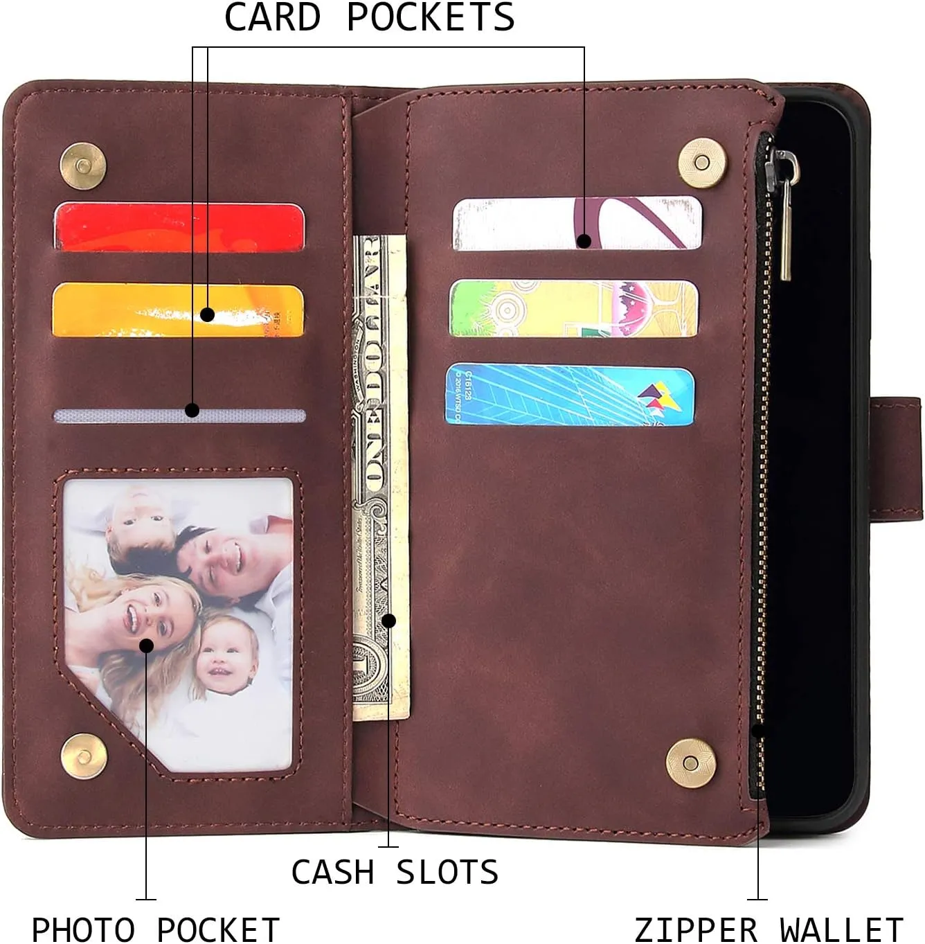 UEEBAI Wallet Case for Samsung Galaxy S9, PU Leather Wallet Magnetic Closure Handbag Zipper Pocket Kickstand Card Slots with Hand Strap Vintage Flip Case for Women - Coffee