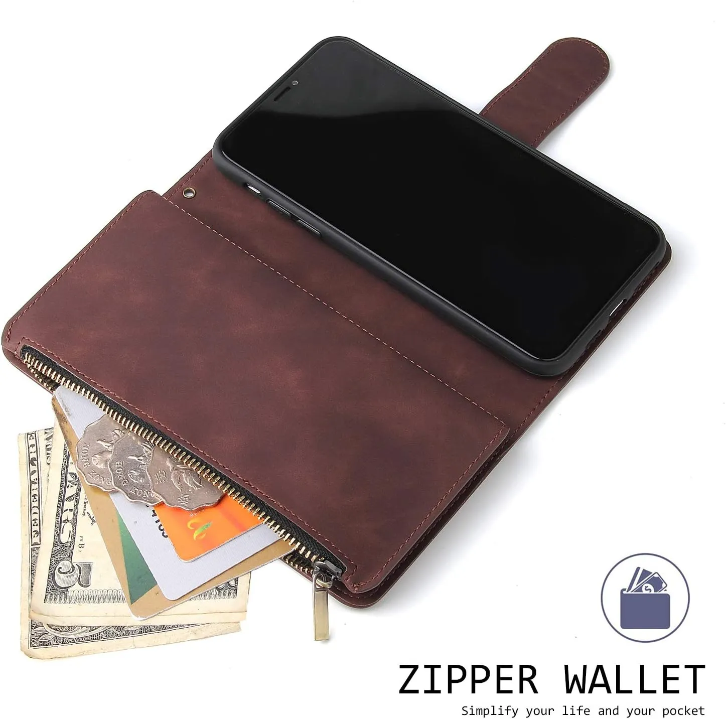 UEEBAI Wallet Case for Samsung Galaxy S9, PU Leather Wallet Magnetic Closure Handbag Zipper Pocket Kickstand Card Slots with Hand Strap Vintage Flip Case for Women - Coffee