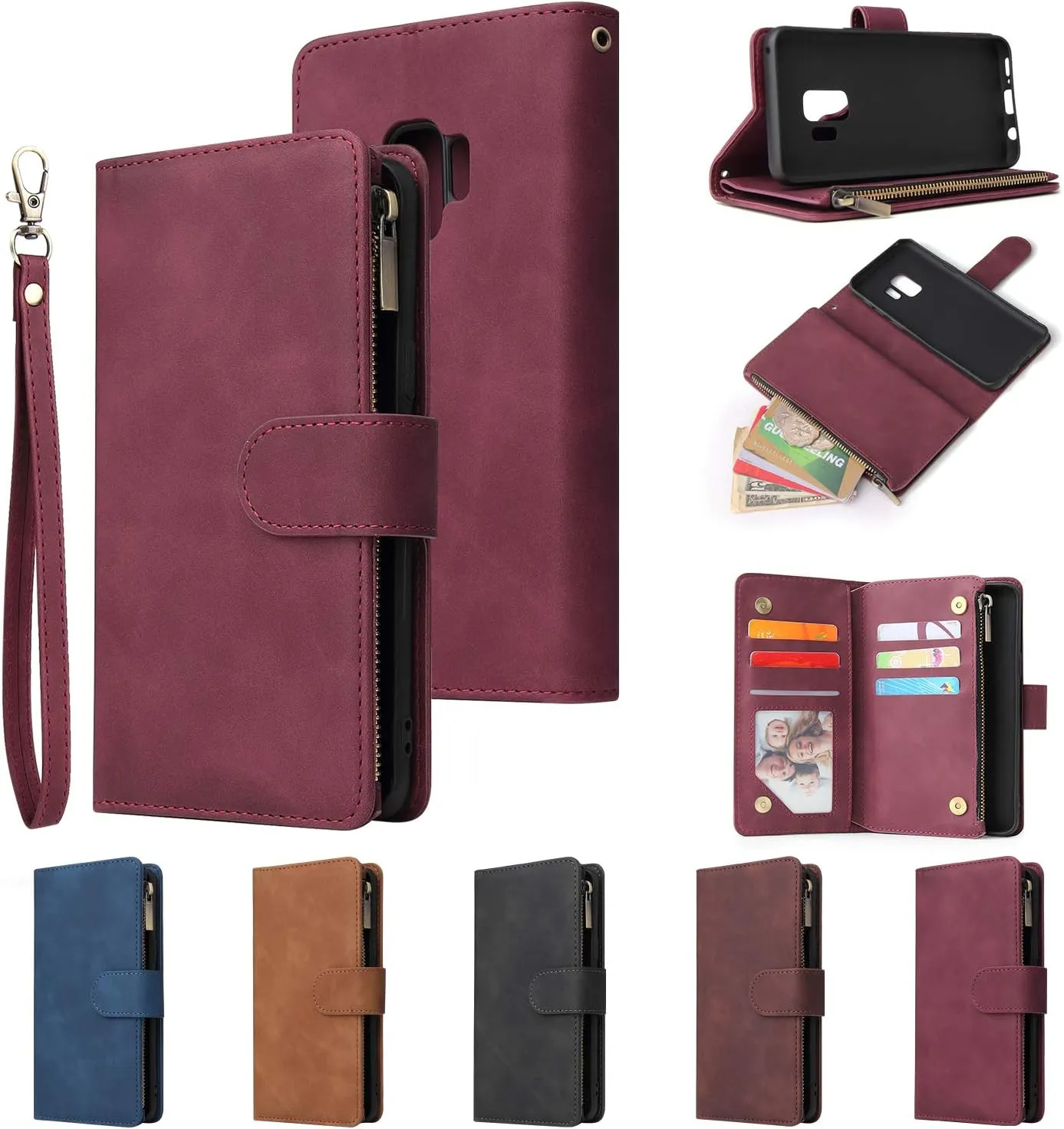 UEEBAI Wallet Case for Samsung Galaxy S9, PU Leather Wallet Magnetic Closure Handbag Zipper Pocket Kickstand Card Slots with Hand Strap Vintage Flip Case for Women - Coffee