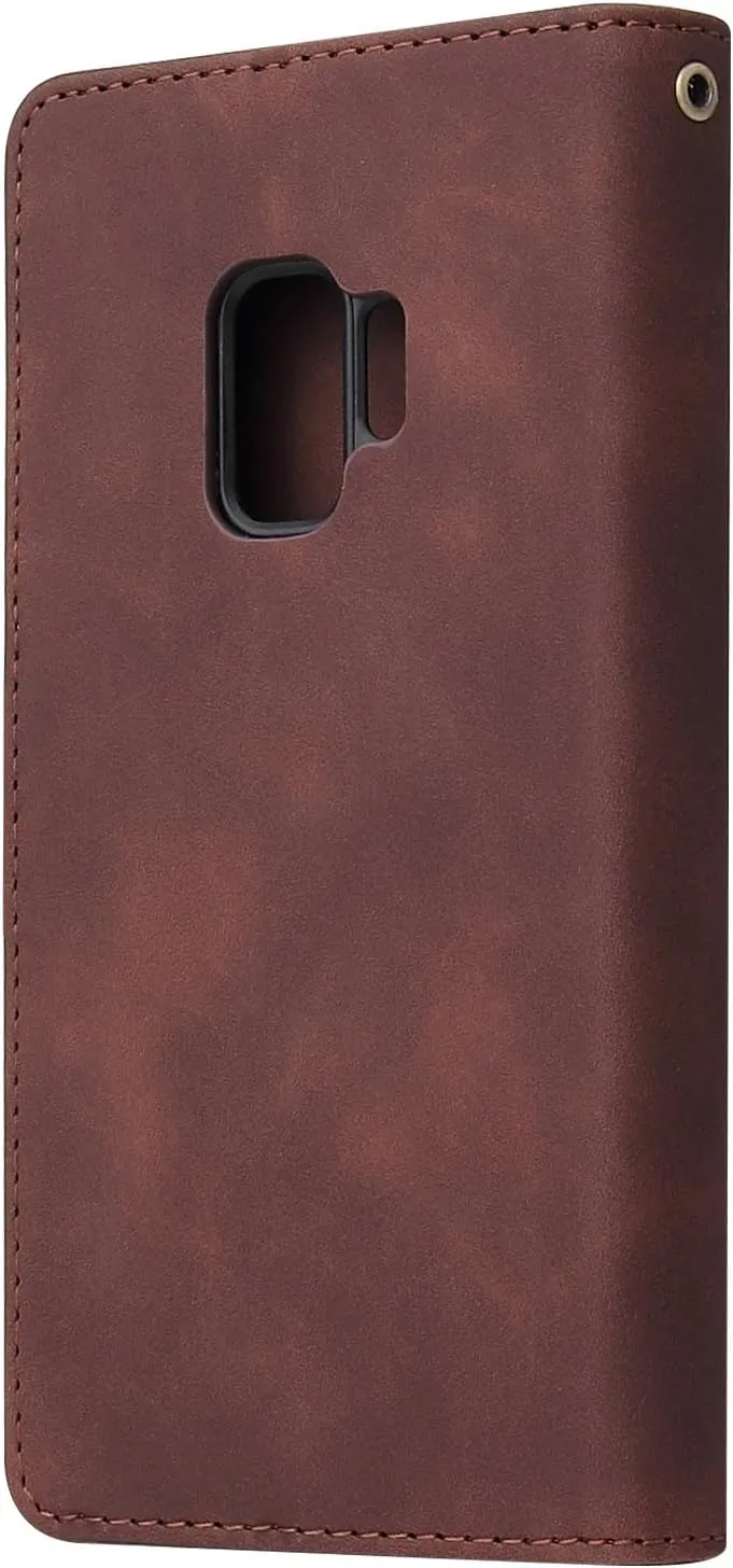 UEEBAI Wallet Case for Samsung Galaxy S9, PU Leather Wallet Magnetic Closure Handbag Zipper Pocket Kickstand Card Slots with Hand Strap Vintage Flip Case for Women - Coffee