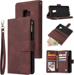 UEEBAI Wallet Case for Samsung Galaxy S9, PU Leather Wallet Magnetic Closure Handbag Zipper Pocket Kickstand Card Slots with Hand Strap Vintage Flip Case for Women - Coffee