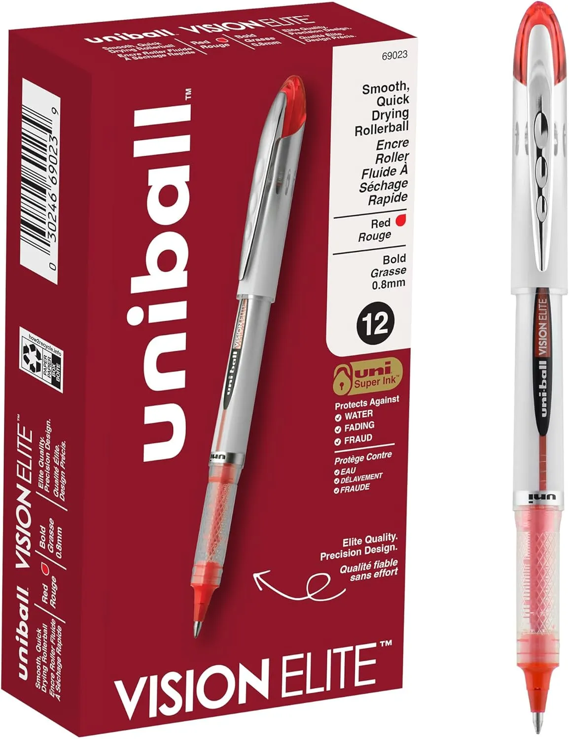uni-ball uniball Vision Elite Rollerball Pens with 0.8mm Bold Point, Red, 12 Count