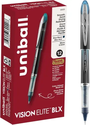 Uniball Vision Elite BLX Rollerball Pens, Blue/Black Pens Pack of 12, Micro Pens with 0.5mm Ink Black Pen