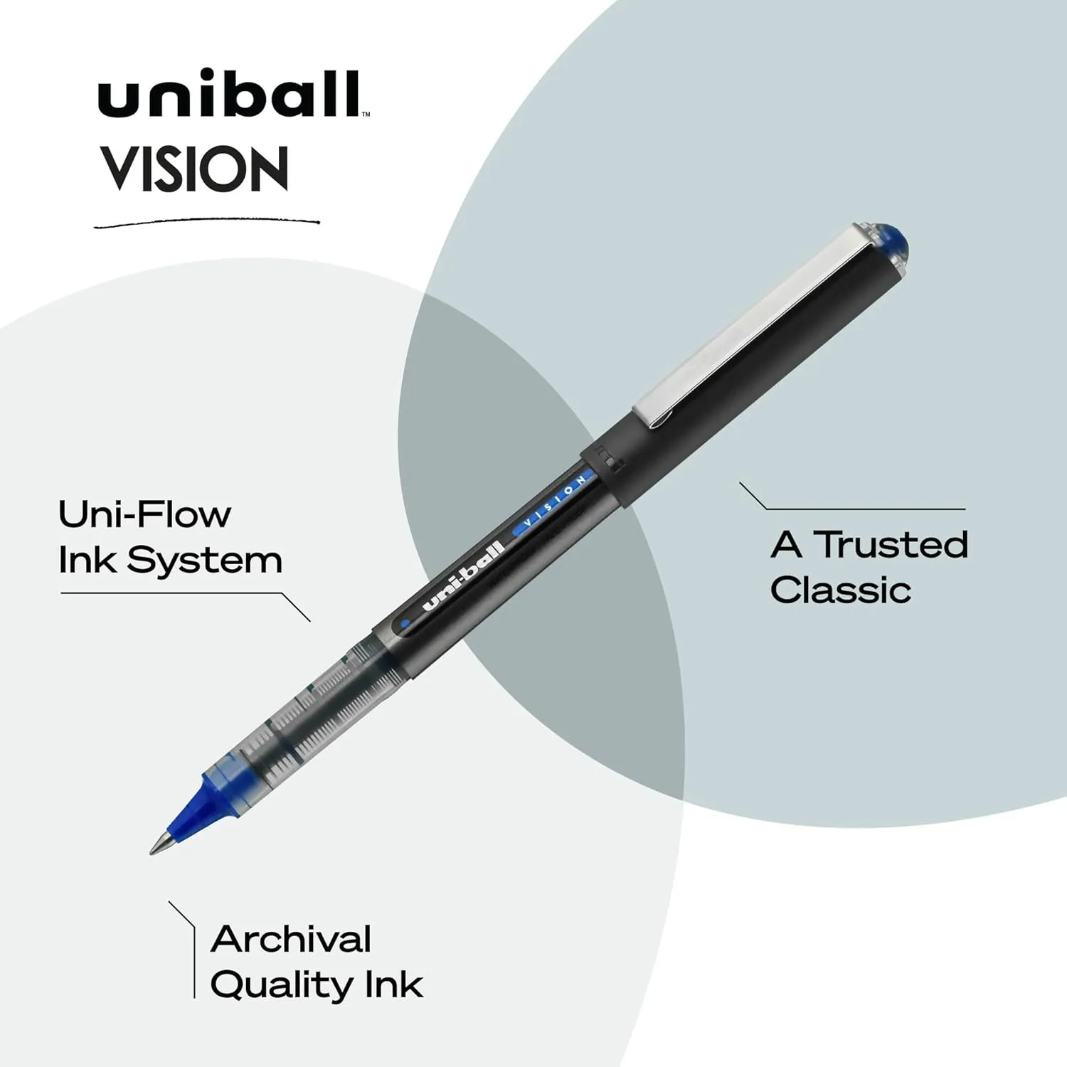 Uniball Vision Rollerball Pen - 12 Pack, Blue Pens, 0.5mm Micro Tip Size - Smooth Writing Japanese Pens, School Supplies