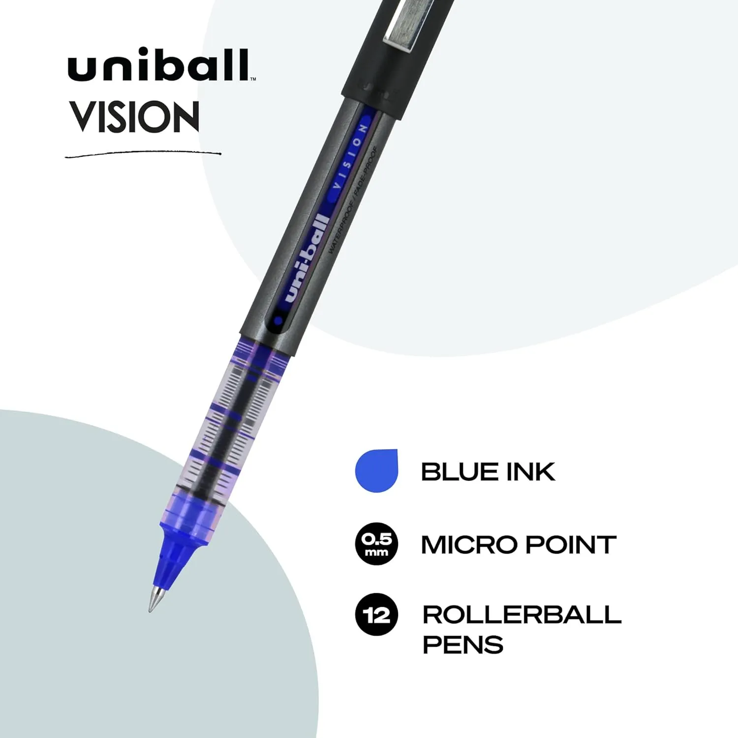 Uniball Vision Rollerball Pen - 12 Pack, Blue Pens, 0.5mm Micro Tip Size - Smooth Writing Japanese Pens, School Supplies