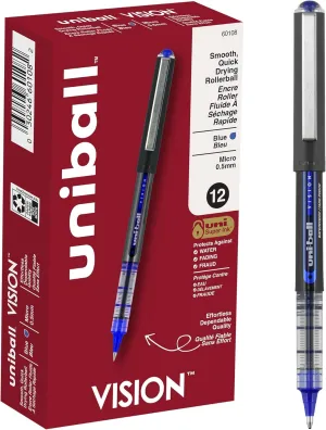 Uniball Vision Rollerball Pen - 12 Pack, Blue Pens, 0.5mm Micro Tip Size - Smooth Writing Japanese Pens, School Supplies