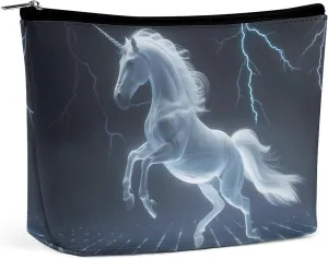 Unicorn White Thundering Mythical Rearing Horse Travel Cosmetic Bag PU Leather Makeup Bag Toiletry Bag Portable Pouch Makeup Organizer Case