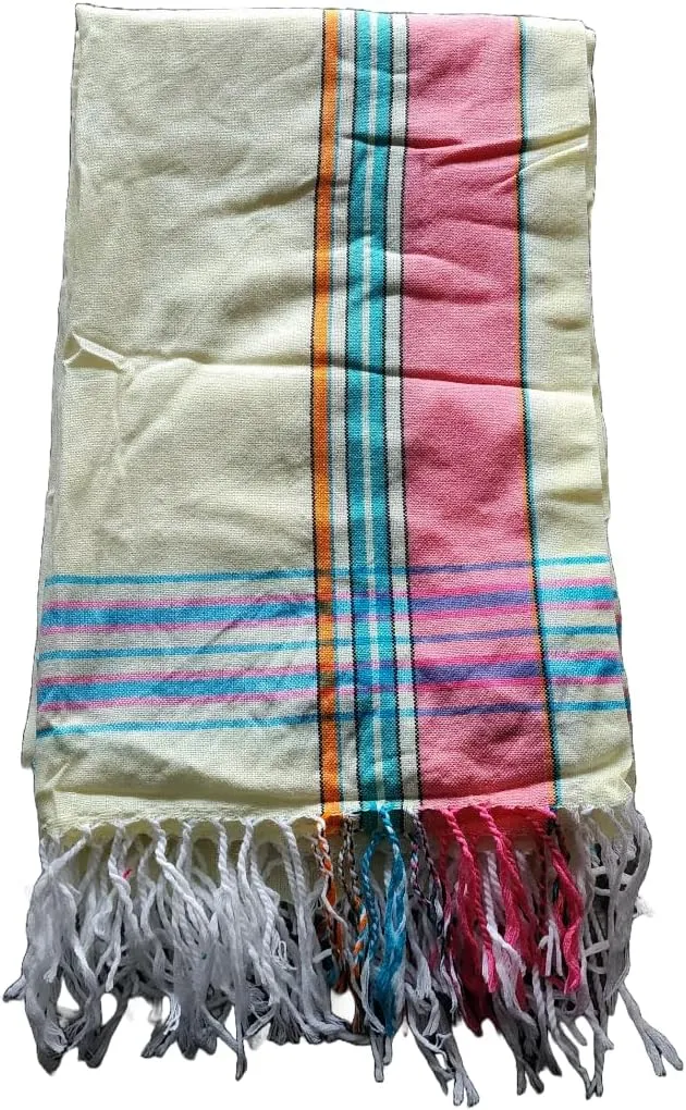Unisex African Kikoy Scarf, Sarong, Wrap, Throw - 100% Cotton, Handmade Tassels, Multi-Use Beach Cover-Up, Picnic Blanket, & More – Cream with Pink border.