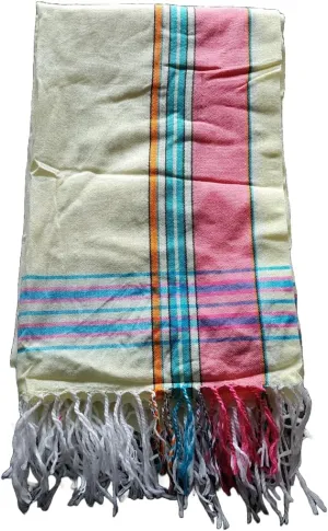 Unisex African Kikoy Scarf, Sarong, Wrap, Throw - 100% Cotton, Handmade Tassels, Multi-Use Beach Cover-Up, Picnic Blanket, & More – Cream with Pink border.