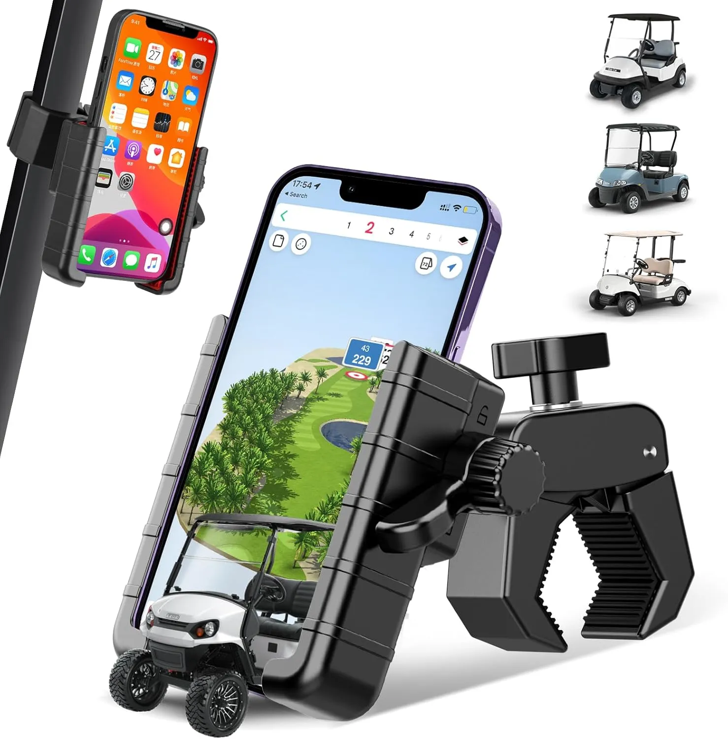 Upgraded Golf Cart Phone Mount Holder Compatible with EZGO/Club Car, 360° Rotatable One-Handed Pick & Place Universal Compatible with iPhone Galaxy Google Pixel, Golf Cart Accessories