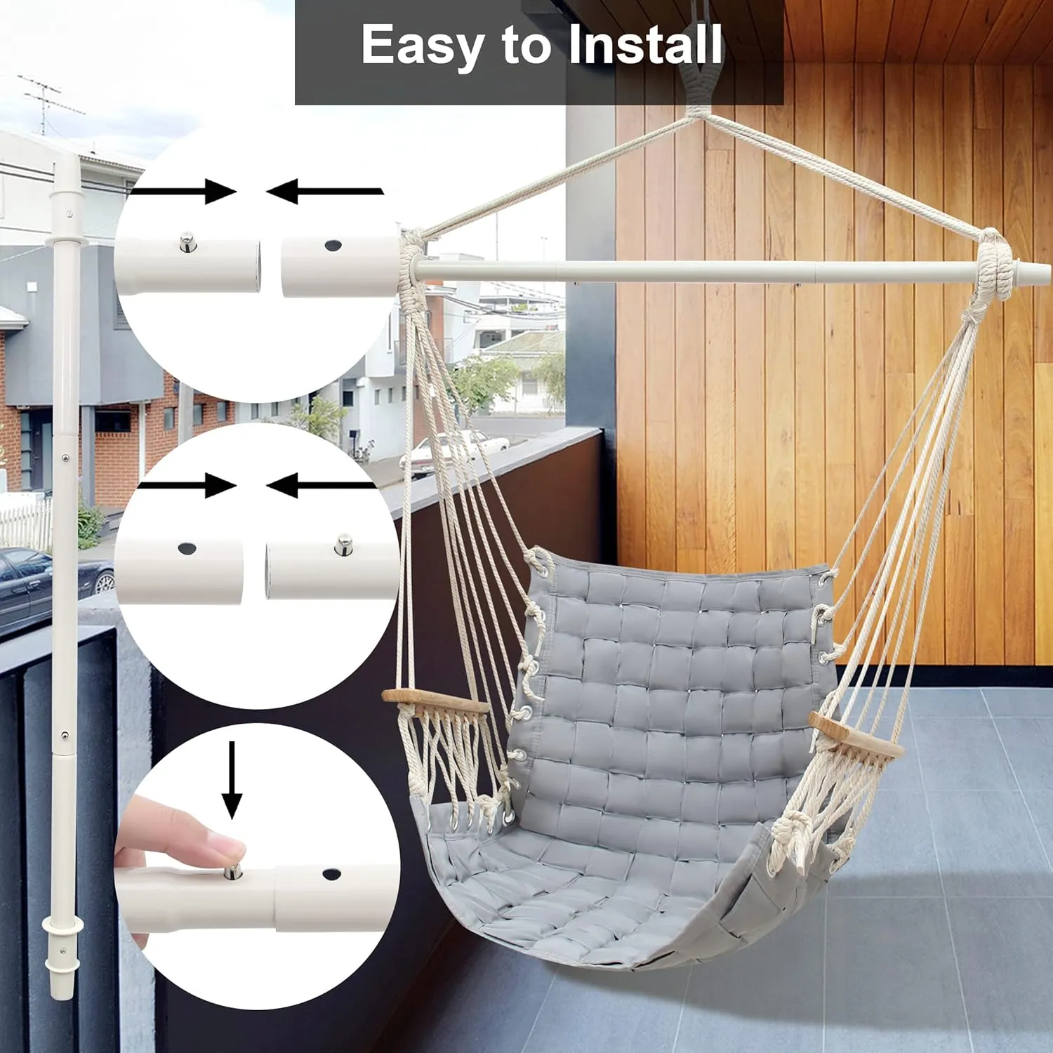 [Upgraded] Hammock Chair Hanging Swing with Wooden Armrests;Steel Spreader Bar and Anti-Slip Rings;Cotton Woven Fabric;Up to 300 Lbs for Bedroom,Patio,Porch,Deck-Indoor Light Grey