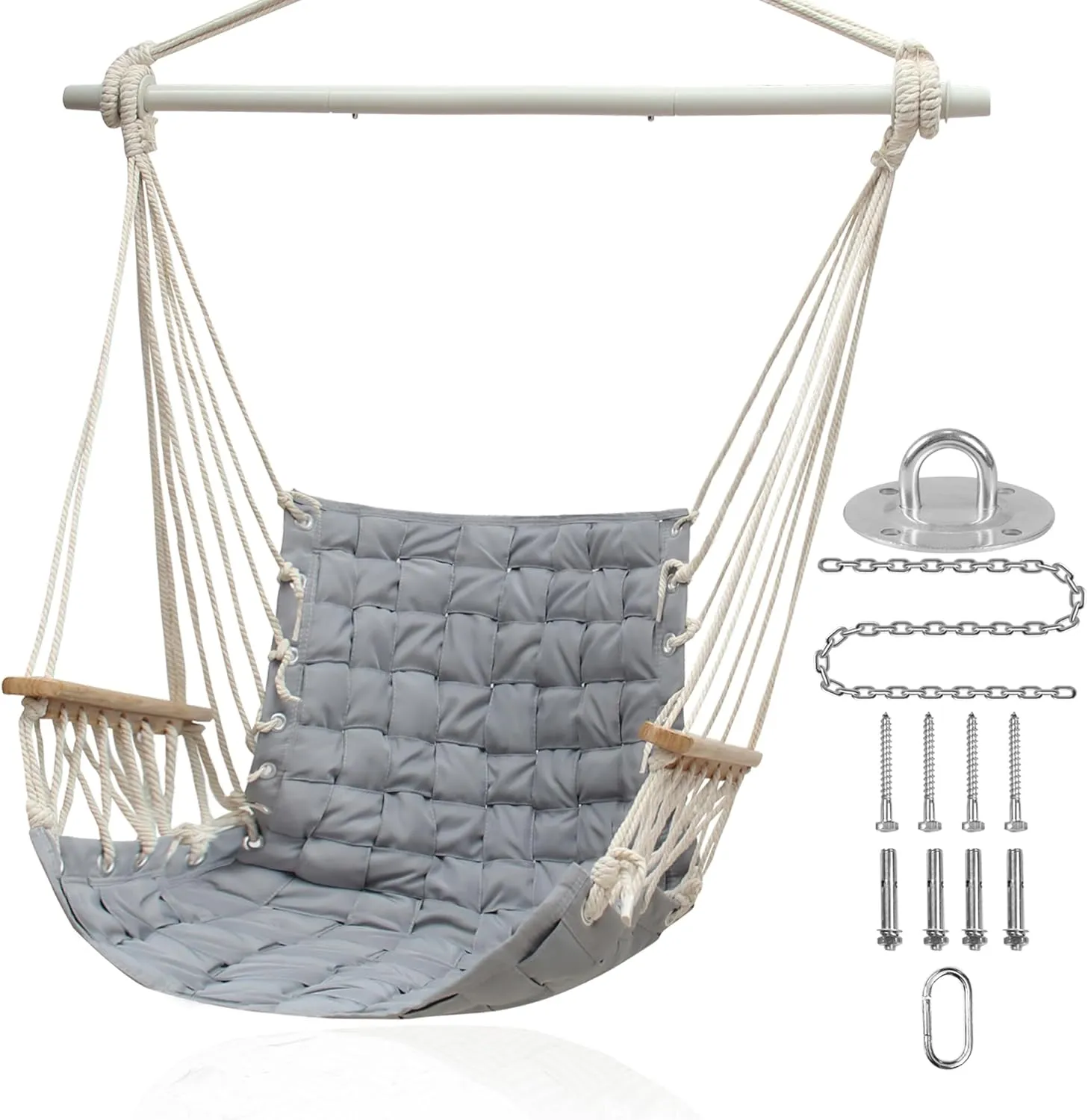 [Upgraded] Hammock Chair Hanging Swing with Wooden Armrests;Steel Spreader Bar and Anti-Slip Rings;Cotton Woven Fabric;Up to 300 Lbs for Bedroom,Patio,Porch,Deck-Indoor Light Grey