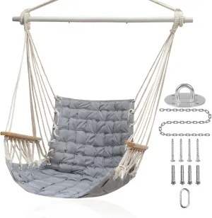 [Upgraded] Hammock Chair Hanging Swing with Wooden Armrests;Steel Spreader Bar and Anti-Slip Rings;Cotton Woven Fabric;Up to 300 Lbs for Bedroom,Patio,Porch,Deck-Indoor Light Grey