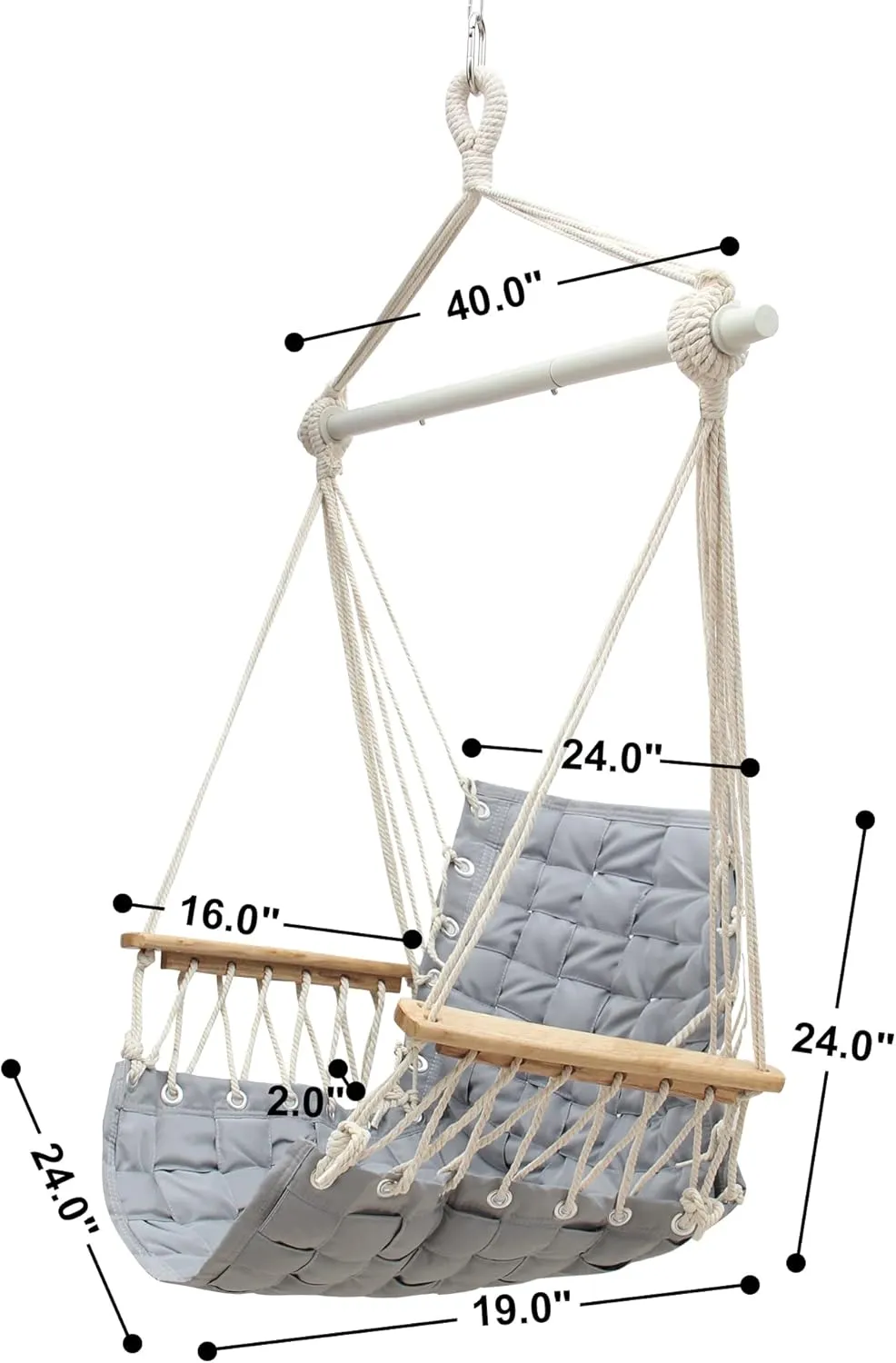 [Upgraded] Hammock Chair Hanging Swing with Wooden Armrests;Steel Spreader Bar and Anti-Slip Rings;Cotton Woven Fabric;Up to 300 Lbs for Bedroom,Patio,Porch,Deck-Indoor Light Grey