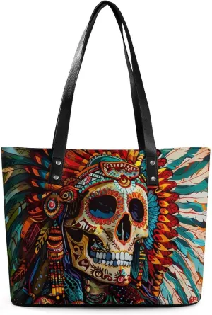 U.S. Indian Skeleton Chief Purse for Women Casual Tote Bags Purses Ladies Top Handle Shoulder Handbag for Work Travel