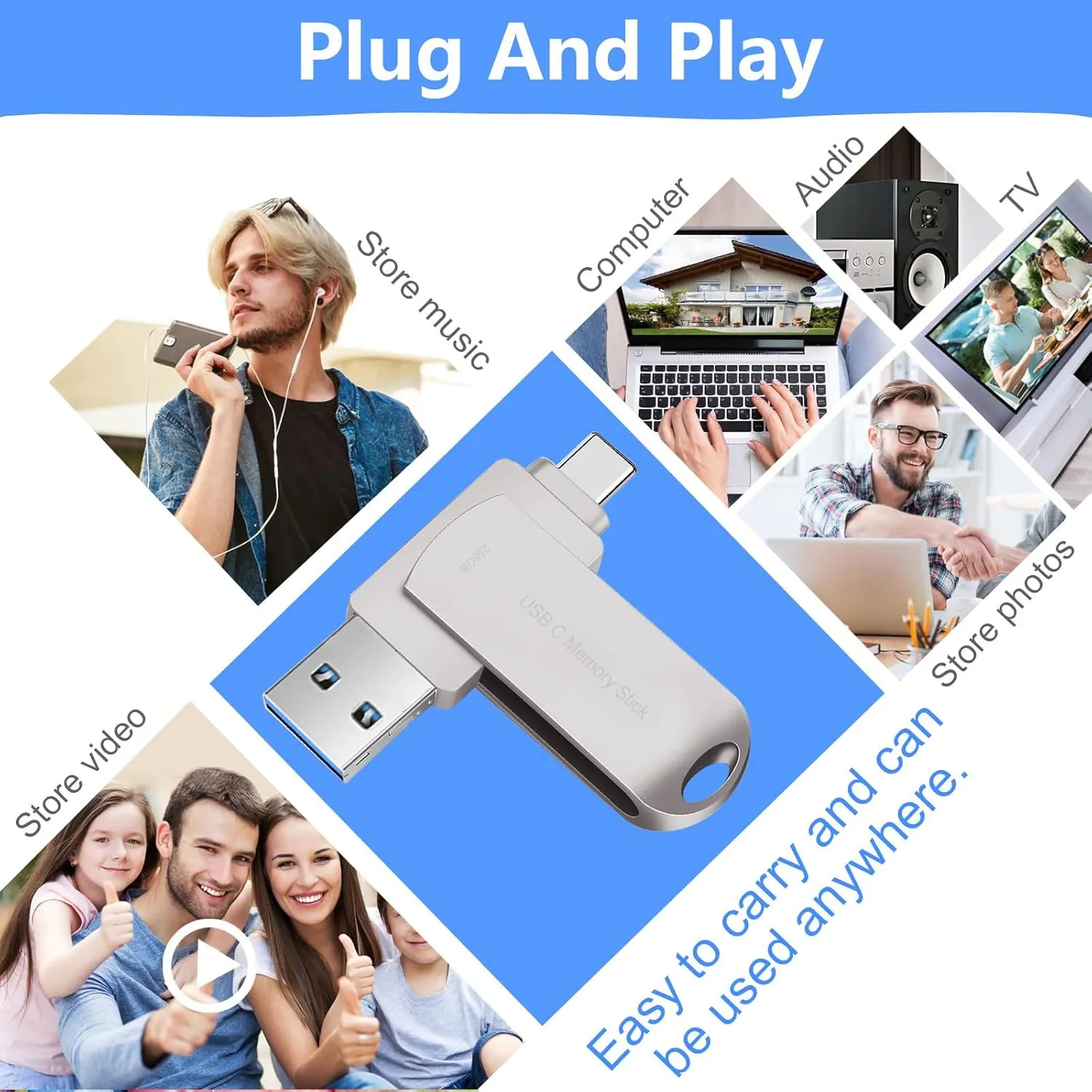 USB C Thumb Drive 256GB for Phone, HUPINS 170MB/s High-Speed USB Flash Drive Photo Storage, Multi Port Memory Stick Compatible Android Phone/Tablet and PC (Silver)