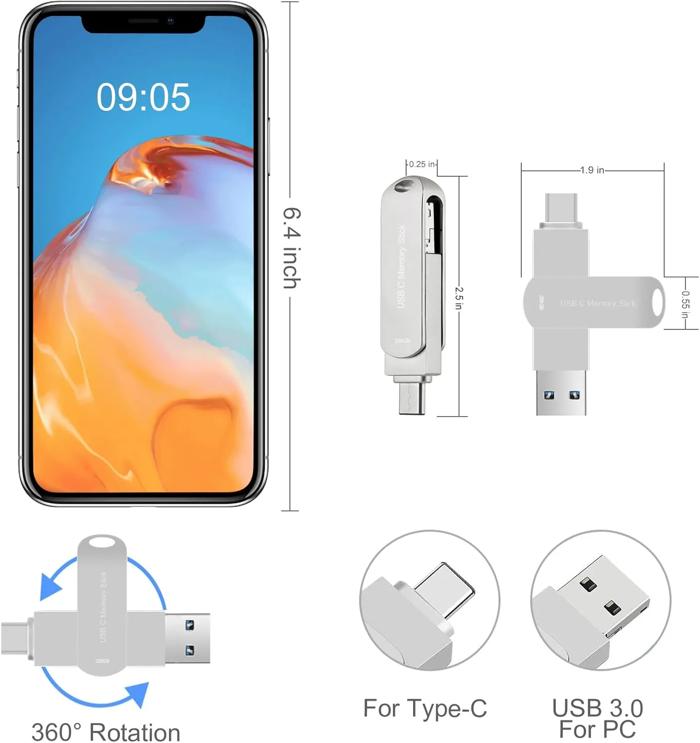 USB C Thumb Drive 256GB for Phone, HUPINS 170MB/s High-Speed USB Flash Drive Photo Storage, Multi Port Memory Stick Compatible Android Phone/Tablet and PC (Silver)