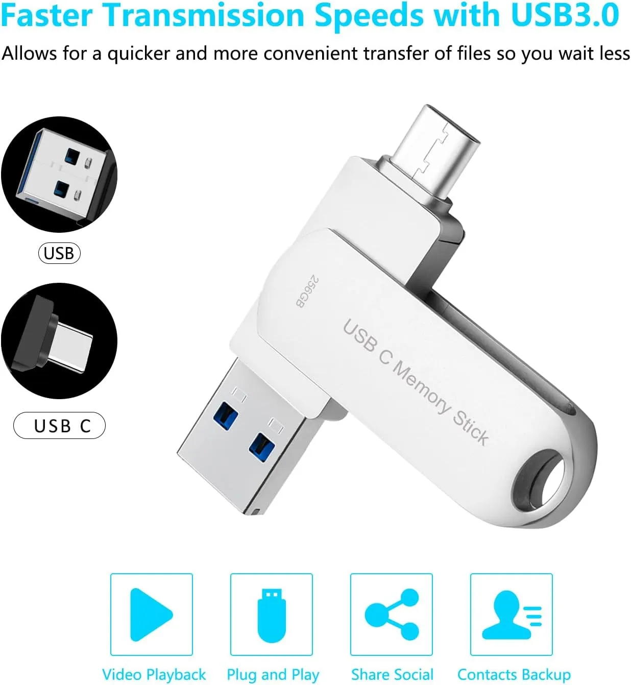 USB C Thumb Drive 256GB for Phone, HUPINS 170MB/s High-Speed USB Flash Drive Photo Storage, Multi Port Memory Stick Compatible Android Phone/Tablet and PC (Silver)