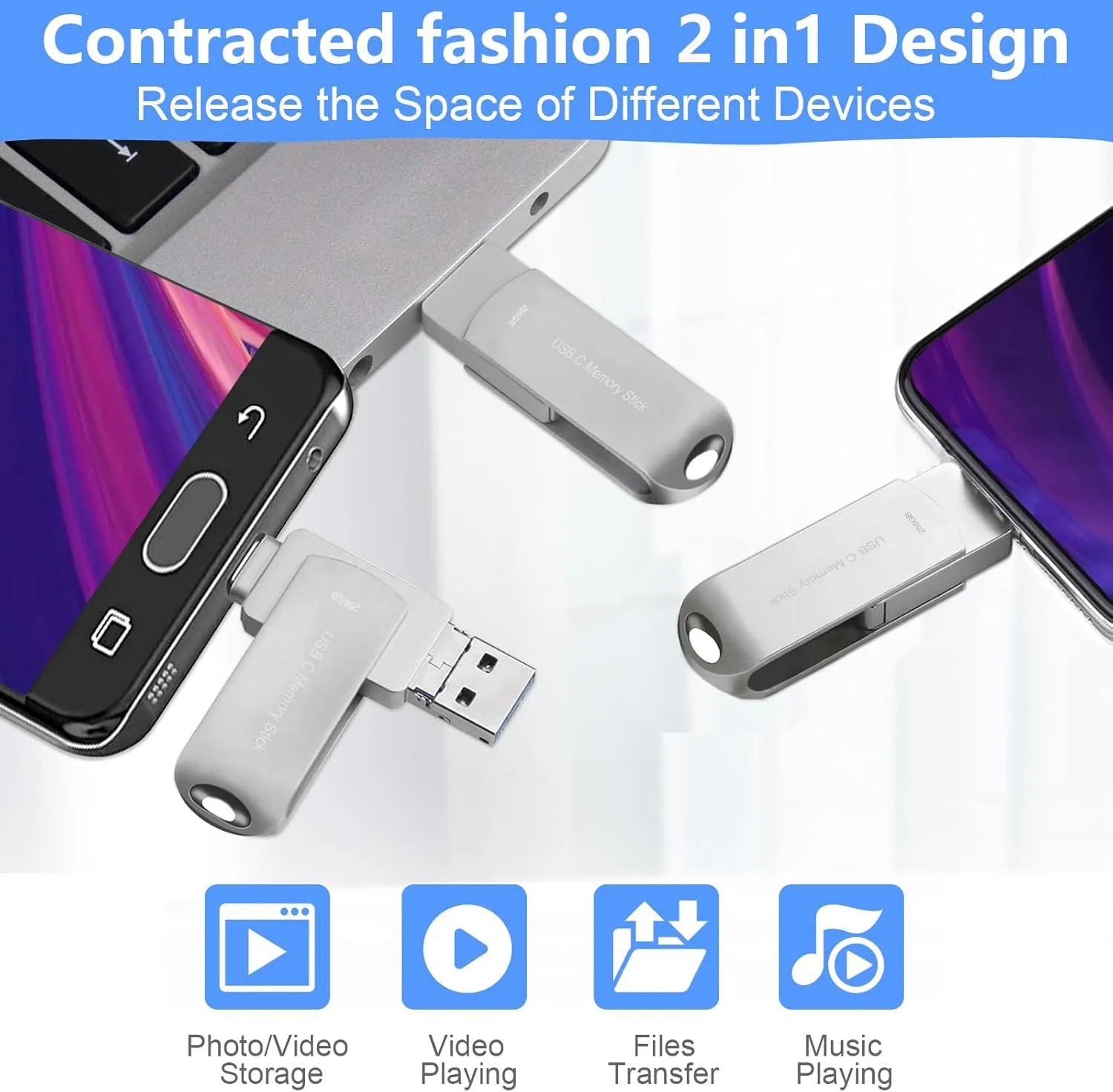 USB C Thumb Drive 256GB for Phone, HUPINS 170MB/s High-Speed USB Flash Drive Photo Storage, Multi Port Memory Stick Compatible Android Phone/Tablet and PC (Silver)