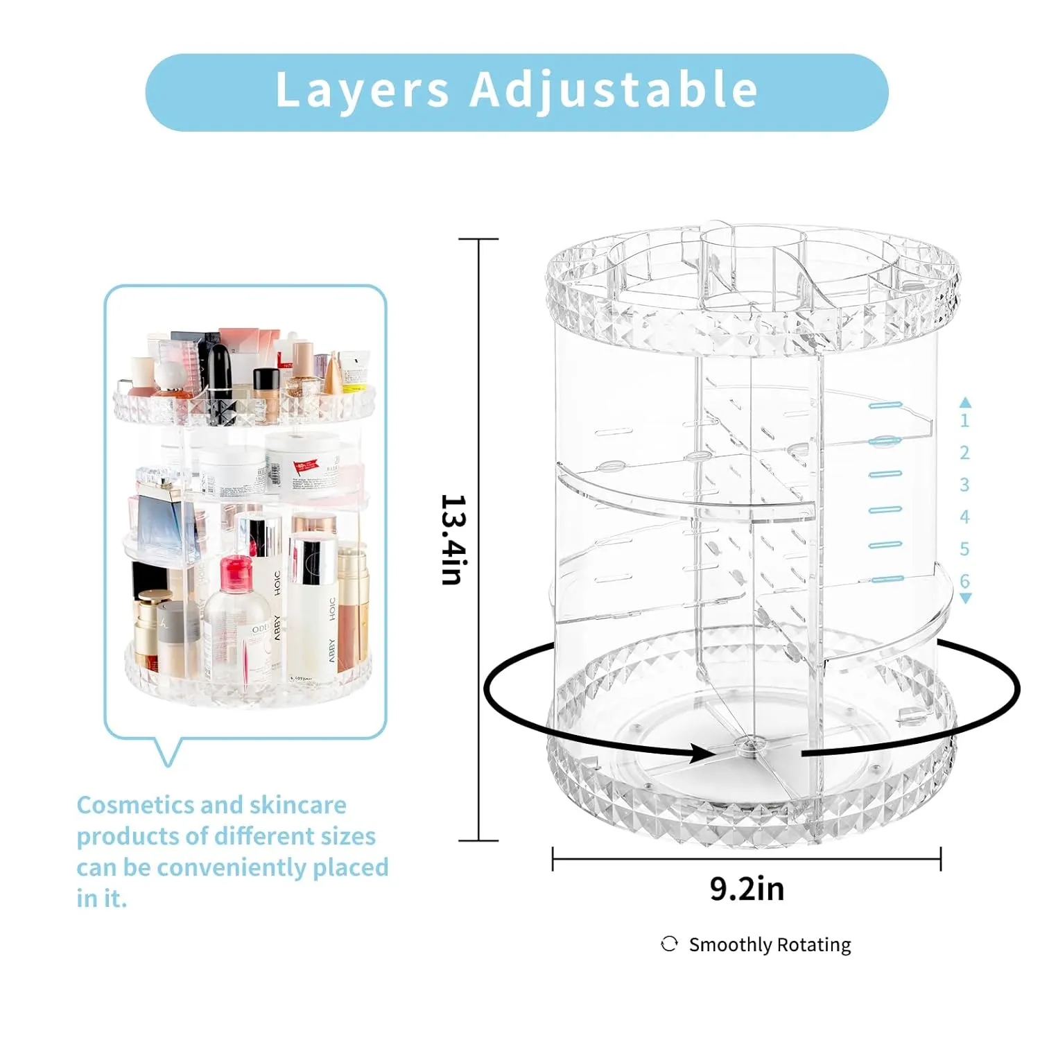 V-HANVER 360 Rotating Makeup Organizer Perfume Organizer Clear Cosmetic Storage Display Case Large Capacity Acrylic Beauty Holder Adjustable Partition Height for Bedroom Dresser or Bathroom Vanity