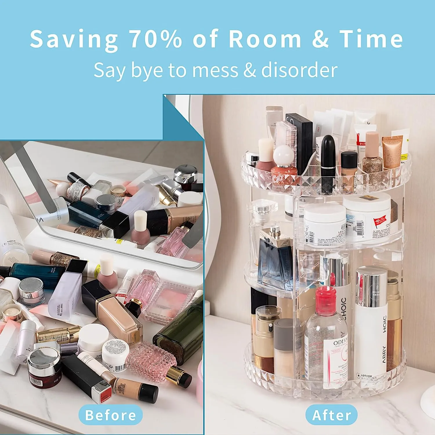 V-HANVER 360 Rotating Makeup Organizer Perfume Organizer Clear Cosmetic Storage Display Case Large Capacity Acrylic Beauty Holder Adjustable Partition Height for Bedroom Dresser or Bathroom Vanity