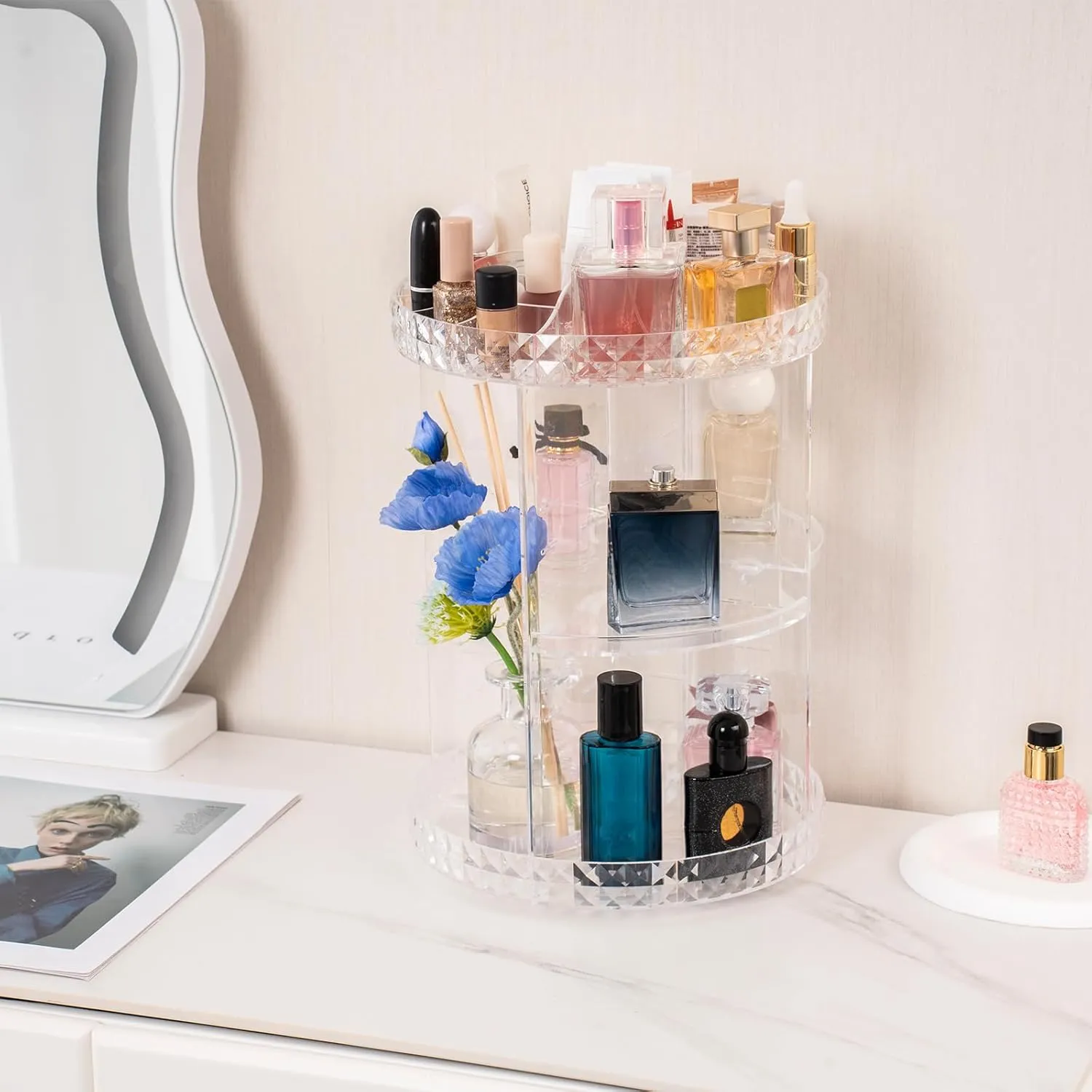 V-HANVER 360 Rotating Makeup Organizer Perfume Organizer Clear Cosmetic Storage Display Case Large Capacity Acrylic Beauty Holder Adjustable Partition Height for Bedroom Dresser or Bathroom Vanity