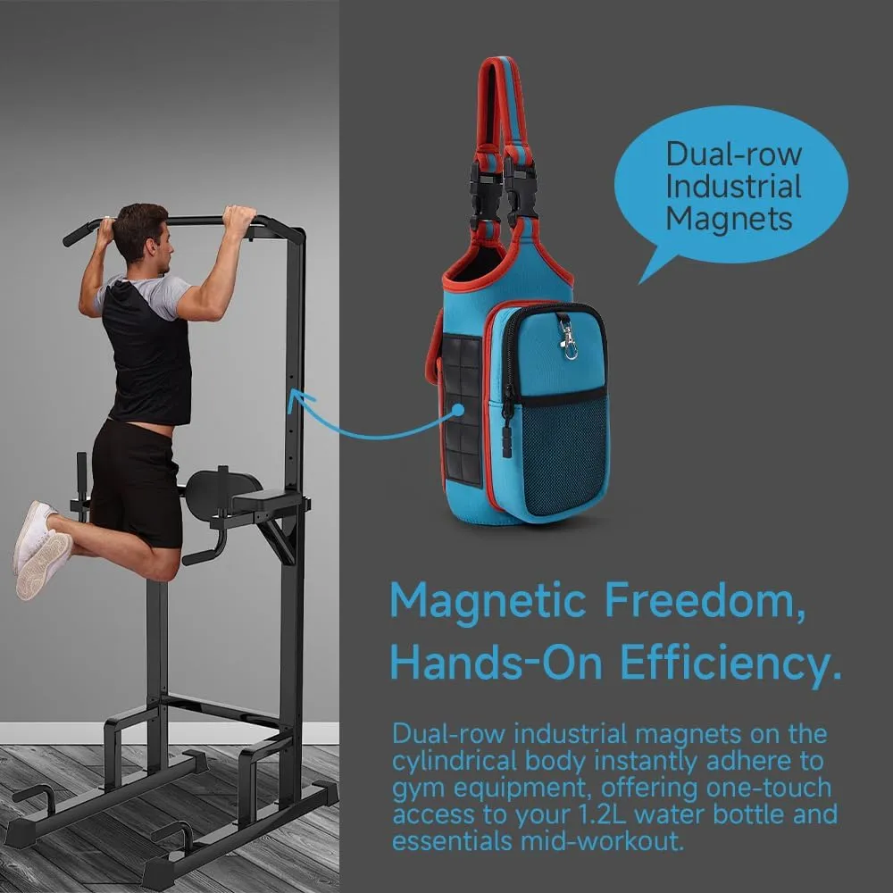VAKAER Magnetic Gym Bag for Women and Men, Magnetic Water Bottle Holder with Phone Pocket, Magnets Gym Accessories Carrier Bag with Adjustable Strap (Blue)