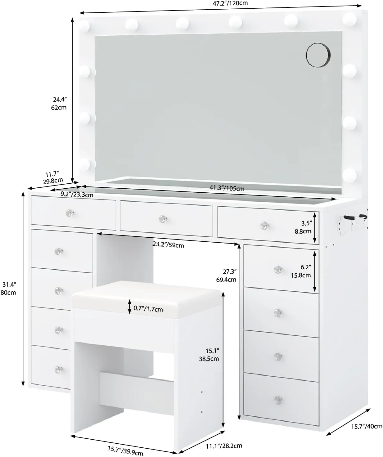 Vanity Desk & Power Outl, Makeup Vanity with Mirror and 12 LED Lights, Makeup Table with 11 Drawers, Vanity Table with Chair,Set 3 Lighting Modes Brightness Adjustable-(White)