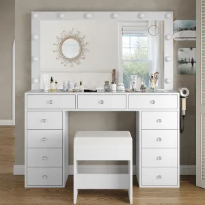 Vanity Desk & Power Outl, Makeup Vanity with Mirror and 12 LED Lights, Makeup Table with 11 Drawers, Vanity Table with Chair,Set 3 Lighting Modes Brightness Adjustable-(White)