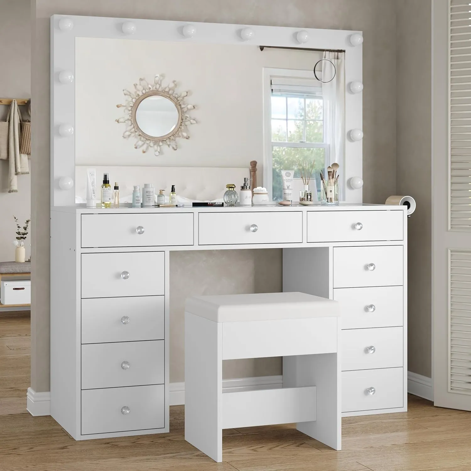 Vanity Desk & Power Outl, Makeup Vanity with Mirror and 12 LED Lights, Makeup Table with 11 Drawers, Vanity Table with Chair,Set 3 Lighting Modes Brightness Adjustable-(White)