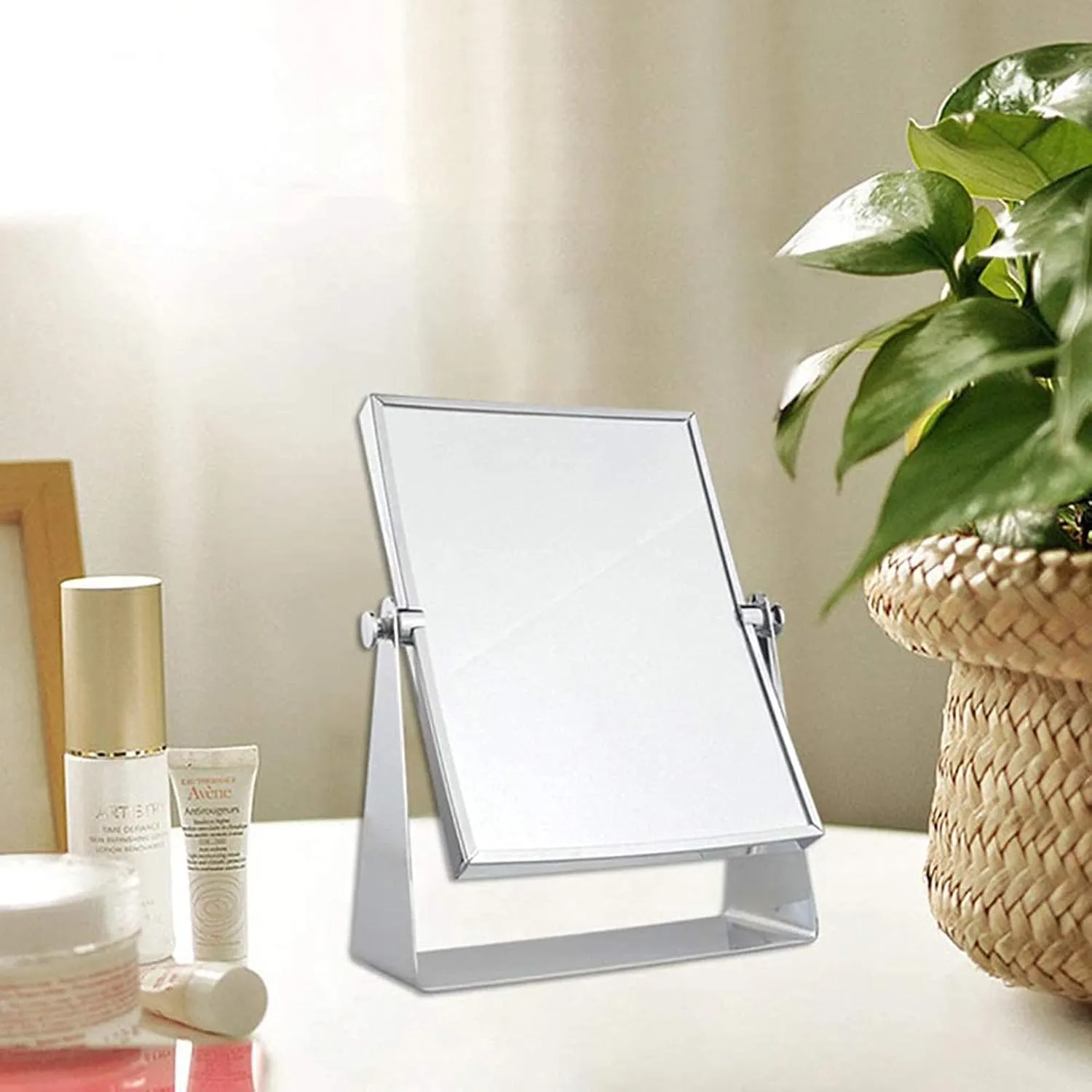 Vanity Makeup Mirror on Stand w/3x Magnify Double-Sided Swivel Shaving Mirrors Free Standing Cosmetic Mirror Stands on Desk in Bedroom Home Vanity Mirror (Chrome Without Light)