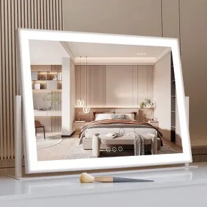 Vanity Mirror with Lights, Large Makeup Mirror with Lights, LED Lighted Makeup Mirror with 3 Color Light Modes, Smart Touch Tabletop Mirror for Makeup Desk 360° Rotation 22.8" x 18" White